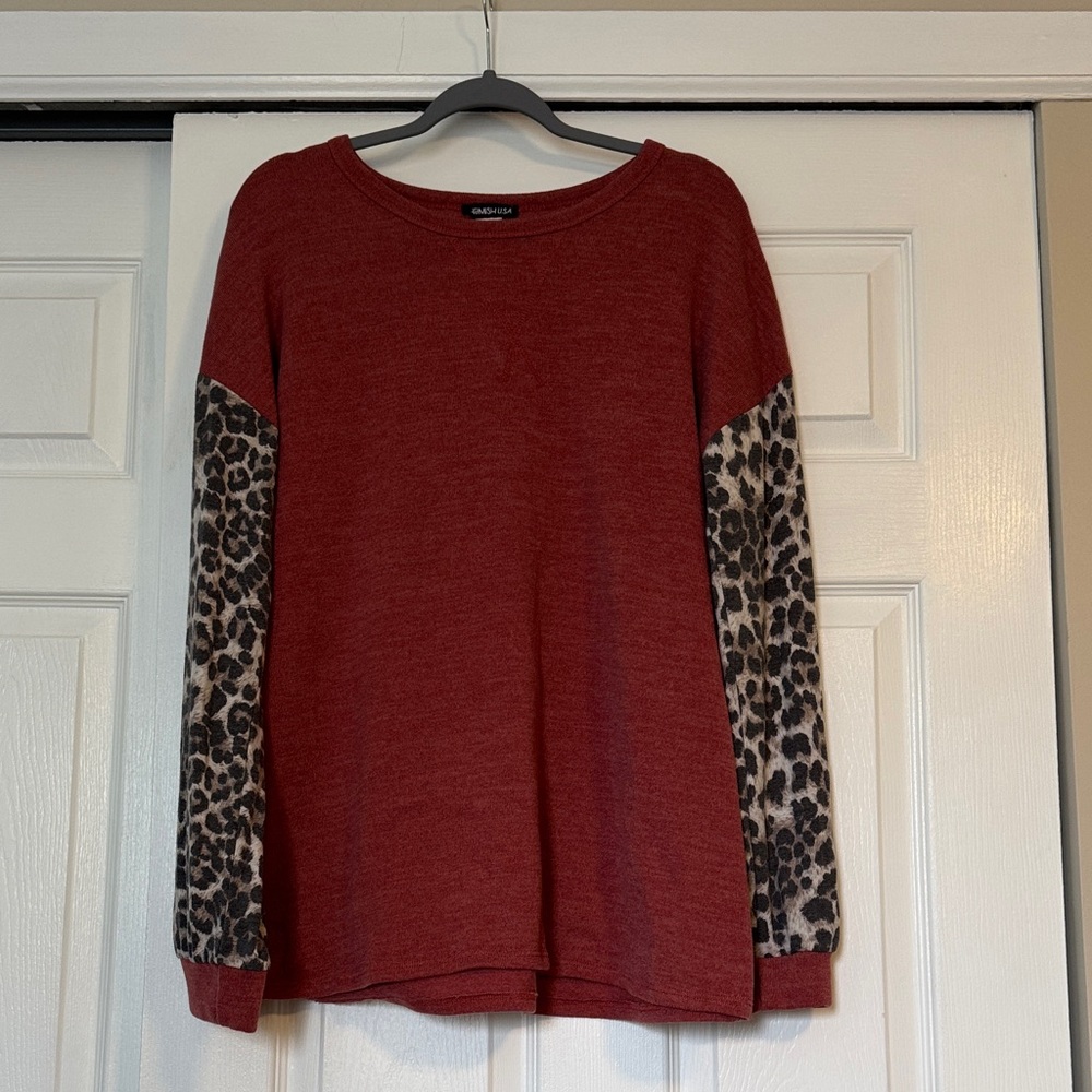 HEIMISH USA Rust Shirt with Leopard Print Sleeves